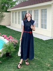 Vintage Blue Denim Collared Waist Slimming Dress