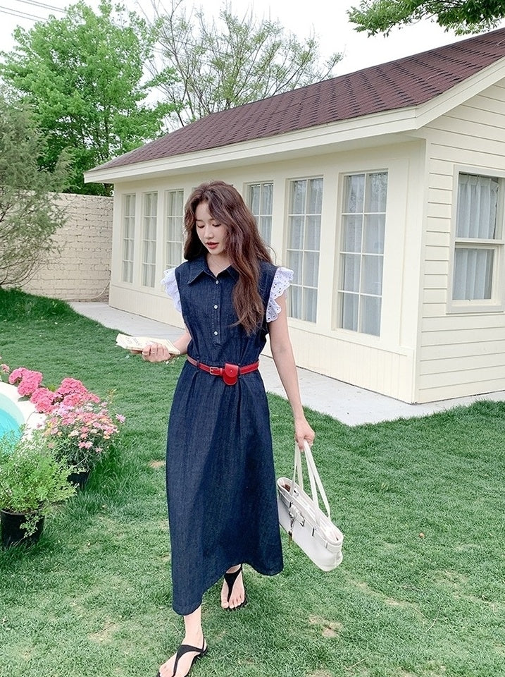 Vintage Blue Denim Collared Waist Slimming Dress