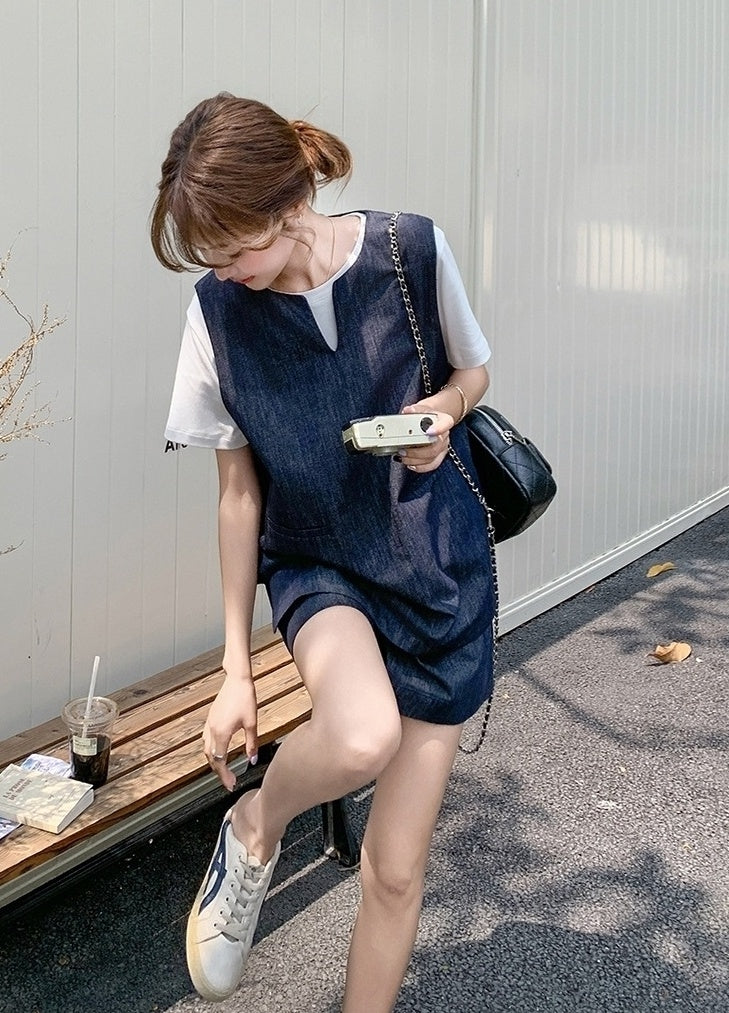 Vintage Blue Denim Vest T Shirt Shorts Set