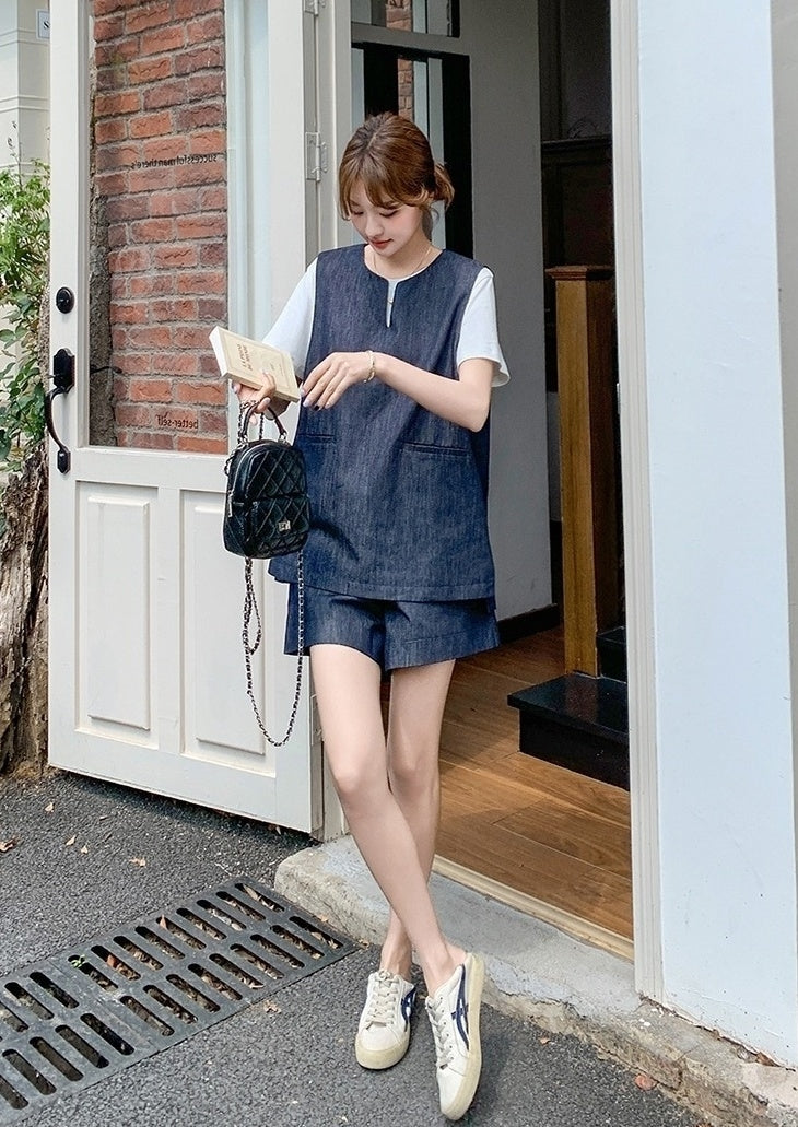 Vintage Blue Denim Vest T Shirt Shorts Set