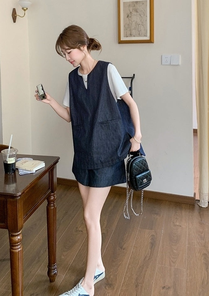 Vintage Blue Denim Vest T Shirt Shorts Set