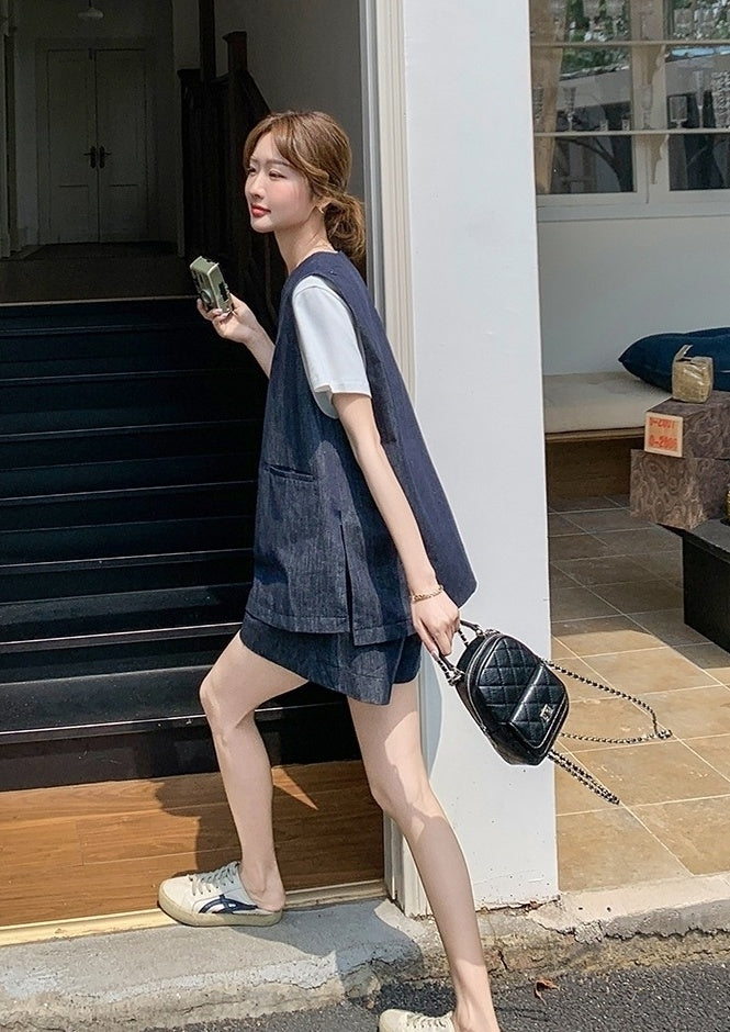Vintage Blue Denim Vest T Shirt Shorts Set