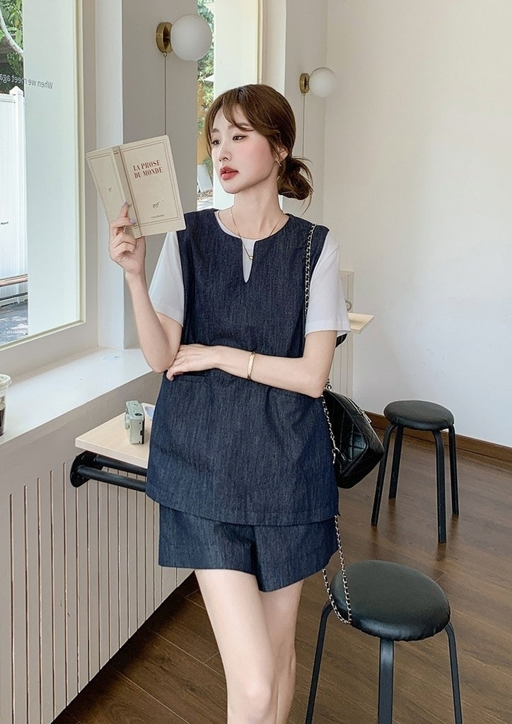 Vintage Blue Denim Vest T Shirt Shorts Set