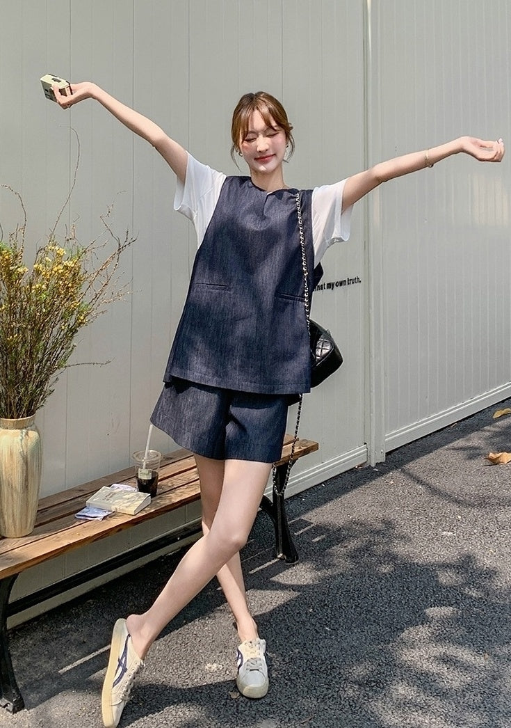 Vintage Blue Denim Vest T Shirt Shorts Set