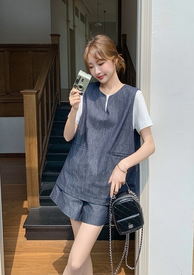 Vintage Blue Denim Vest T Shirt Shorts Set