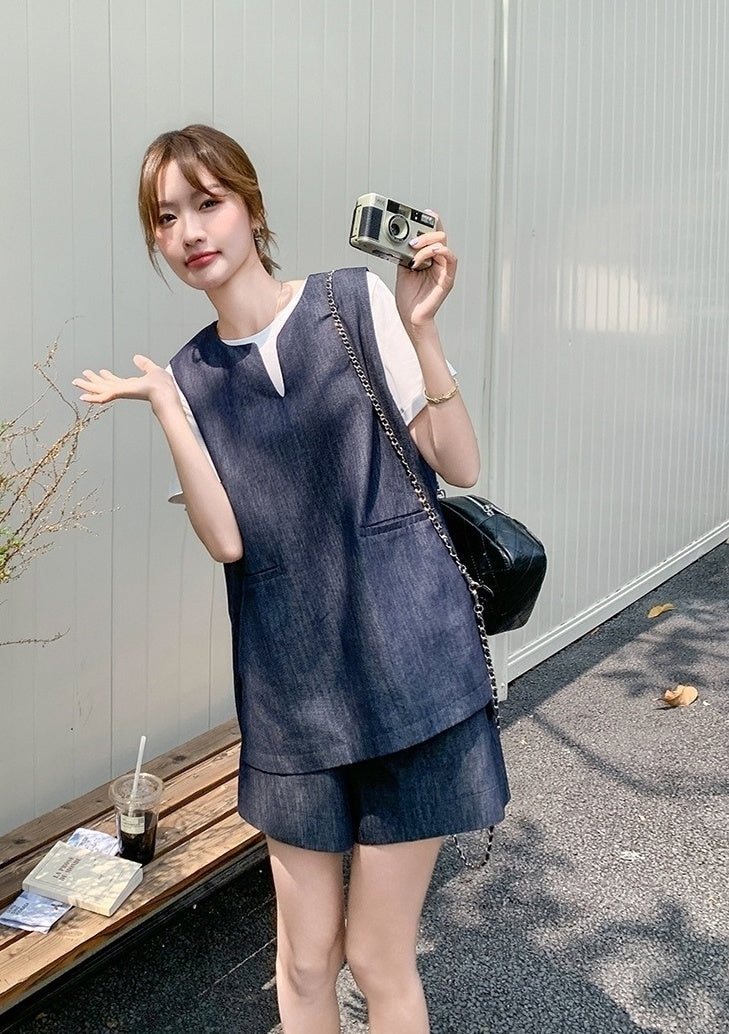 Vintage Blue Denim Vest T Shirt Shorts Set