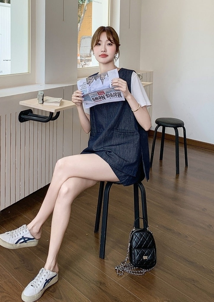 Vintage Blue Denim Vest T Shirt Shorts Set
