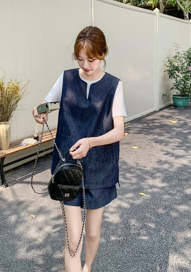 Vintage Blue Denim Vest T Shirt Shorts Set