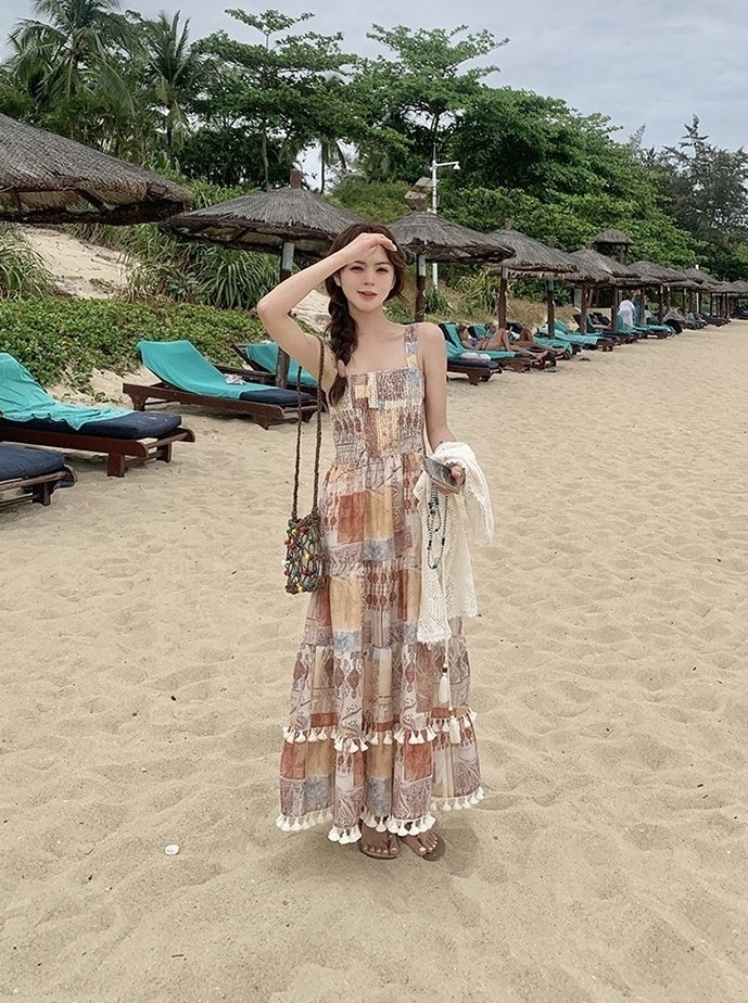 Vintage Boho Print Cardigan And Camisole Dress Set