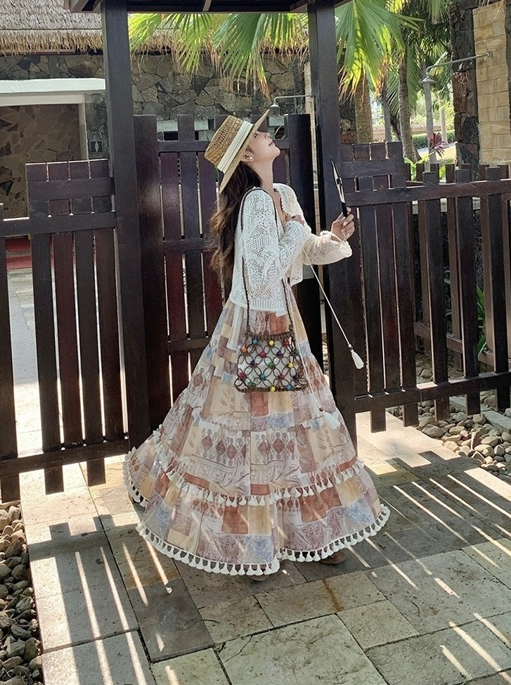 Vintage Boho Print Cardigan And Camisole Dress Set