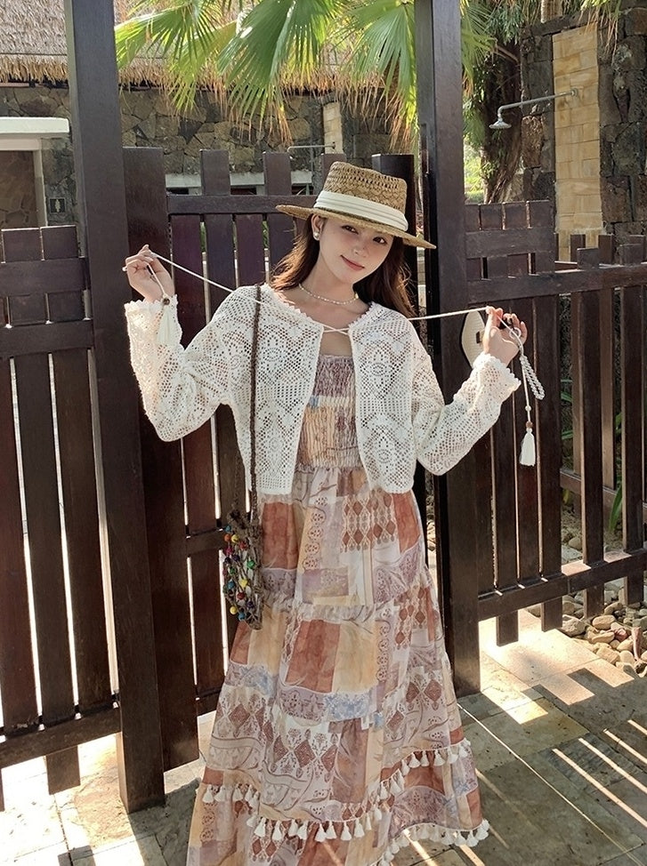Vintage Boho Print Cardigan And Camisole Dress Set