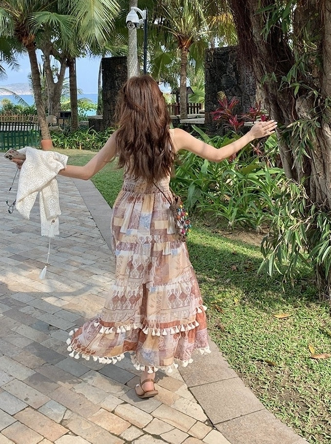 Vintage Boho Print Cardigan And Camisole Dress Set
