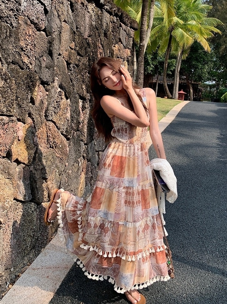 Vintage Boho Print Cardigan And Camisole Dress Set