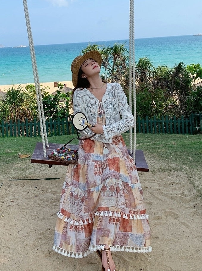 Vintage Boho Print Cardigan And Camisole Dress Set
