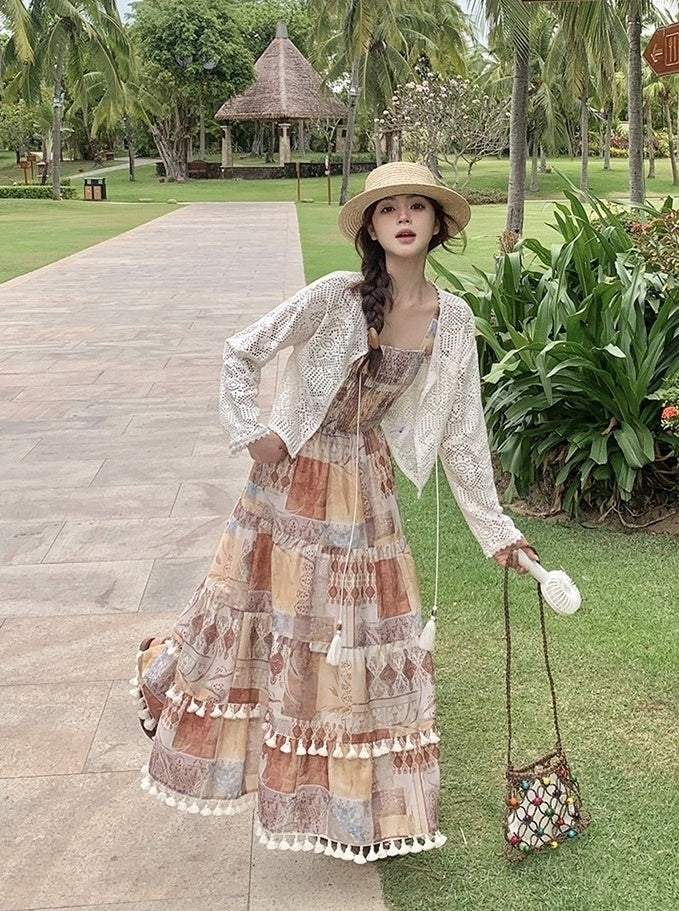Vintage Boho Print Cardigan And Camisole Dress Set