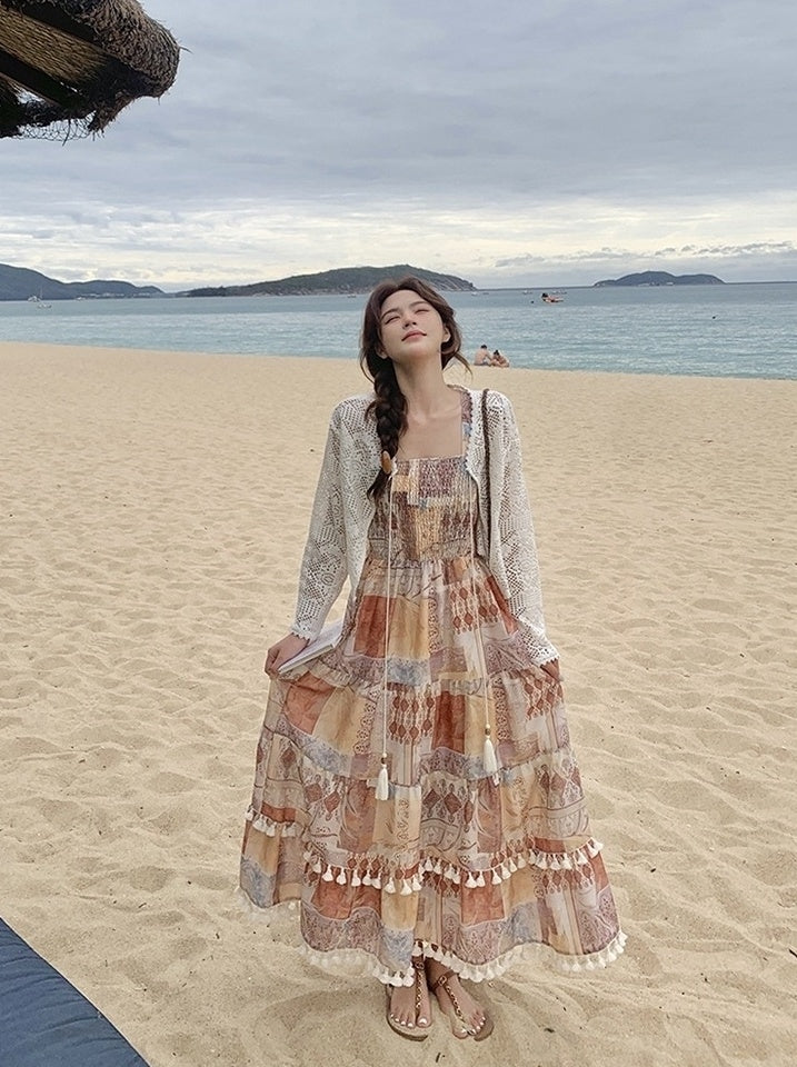 Vintage Boho Print Cardigan And Camisole Dress Set