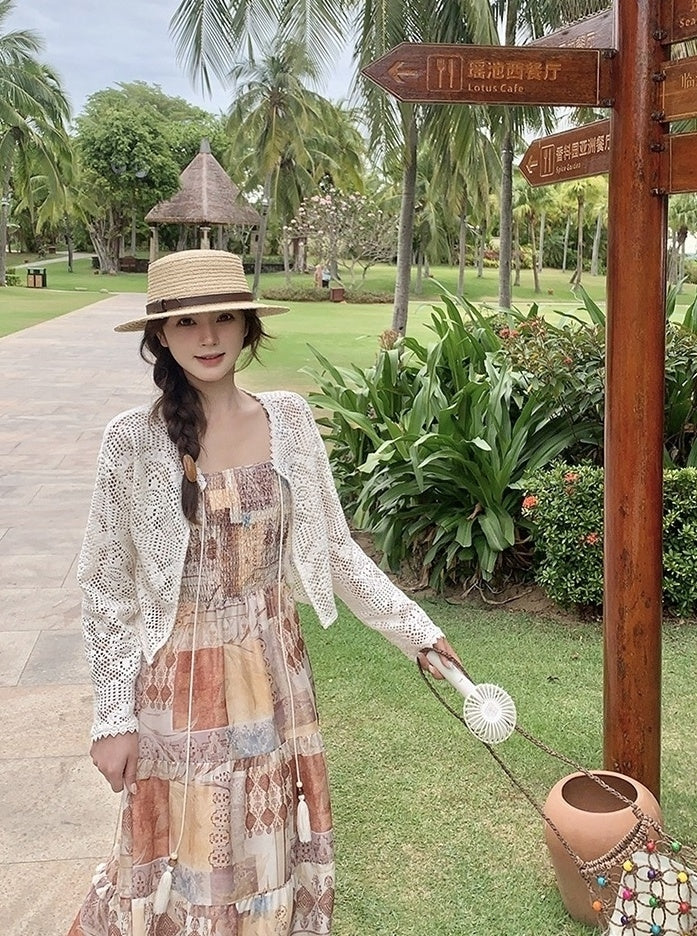 Vintage Boho Print Cardigan And Camisole Dress Set