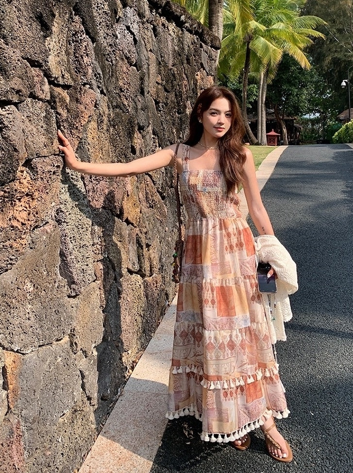 Vintage Boho Print Cardigan And Camisole Dress Set