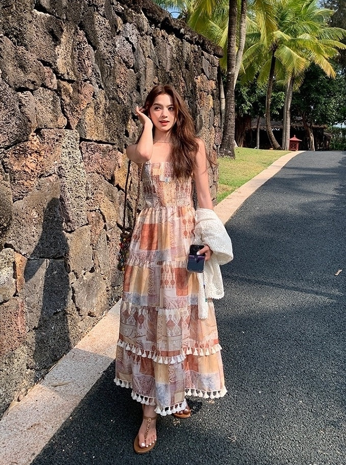 Vintage Boho Print Cardigan And Camisole Dress Set