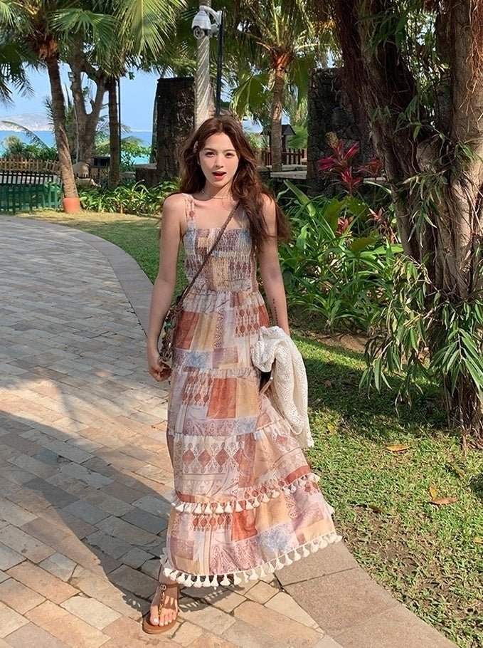 Vintage Boho Print Cardigan And Camisole Dress Set