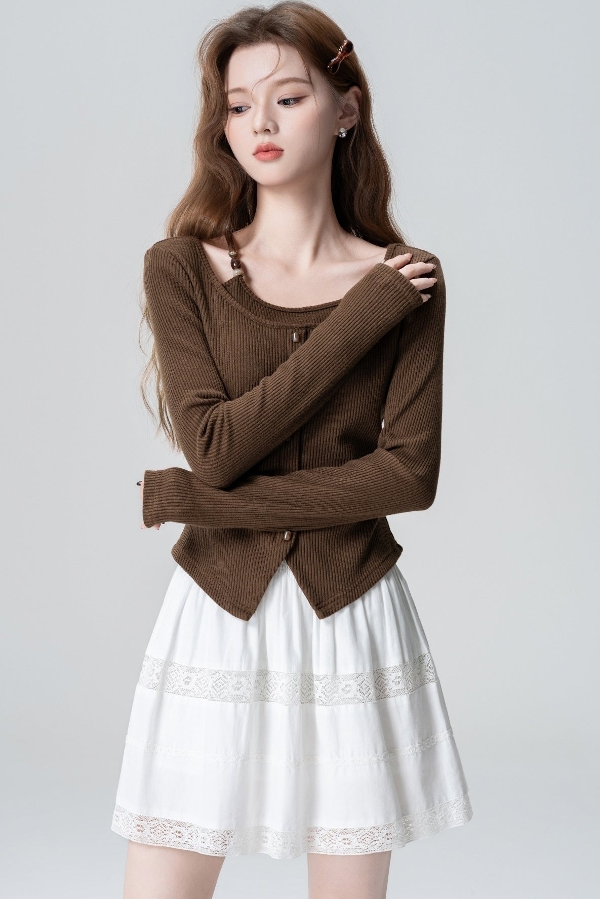 Vintage Brown Knit Sweater Irregular Waist Split Hem