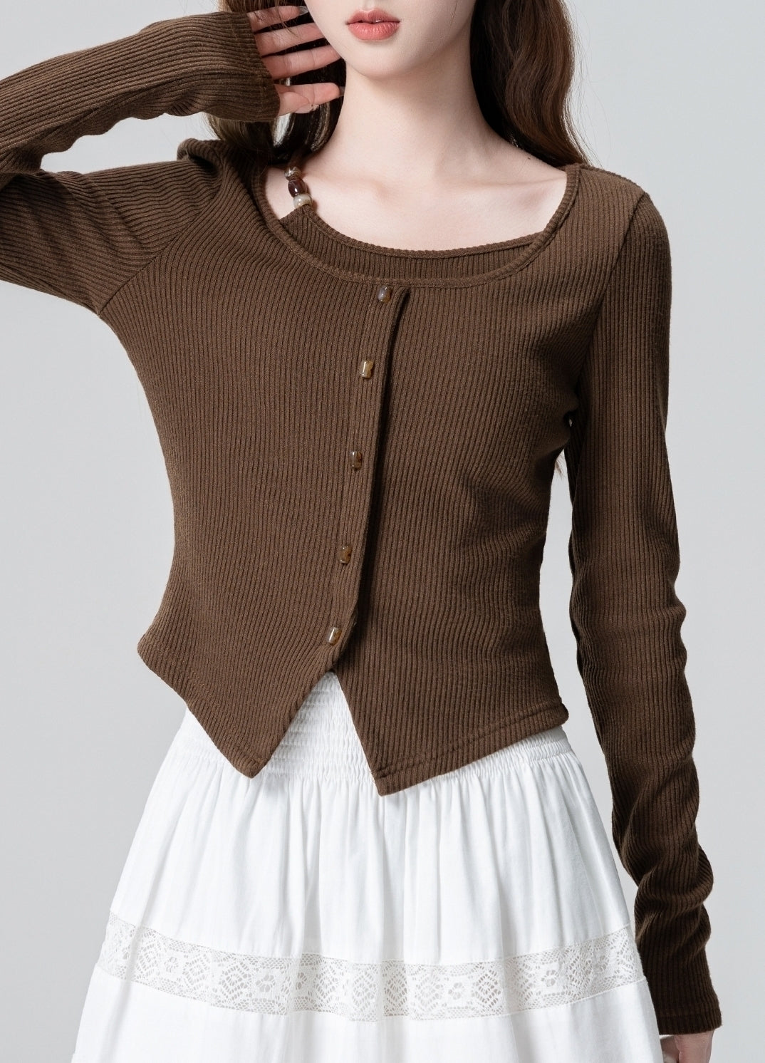 Vintage Brown Knit Sweater Irregular Waist Split Hem