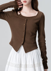 Vintage Brown Knit Sweater Irregular Waist Split Hem