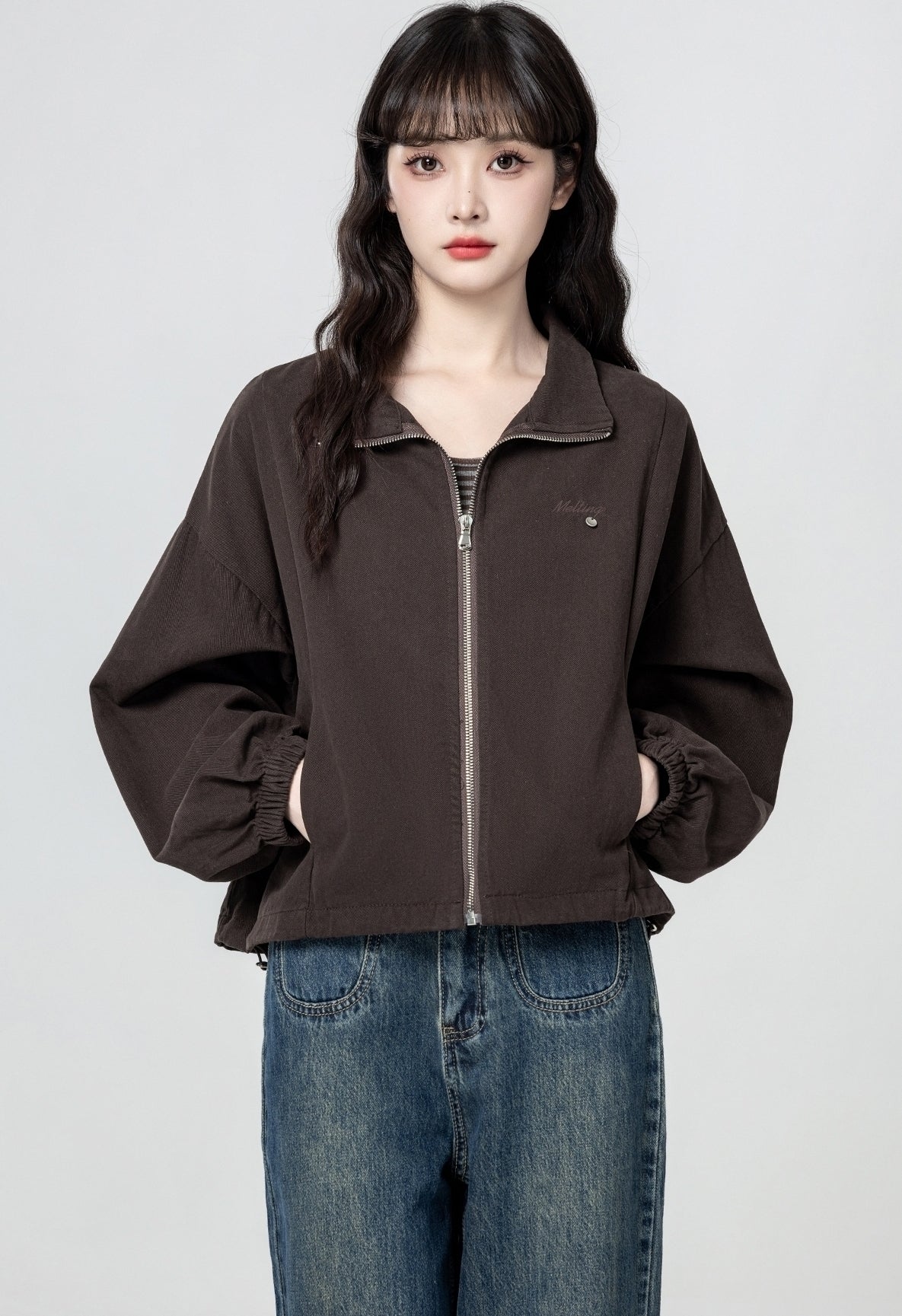 Vintage Brown Zip Up Casual Jacket
