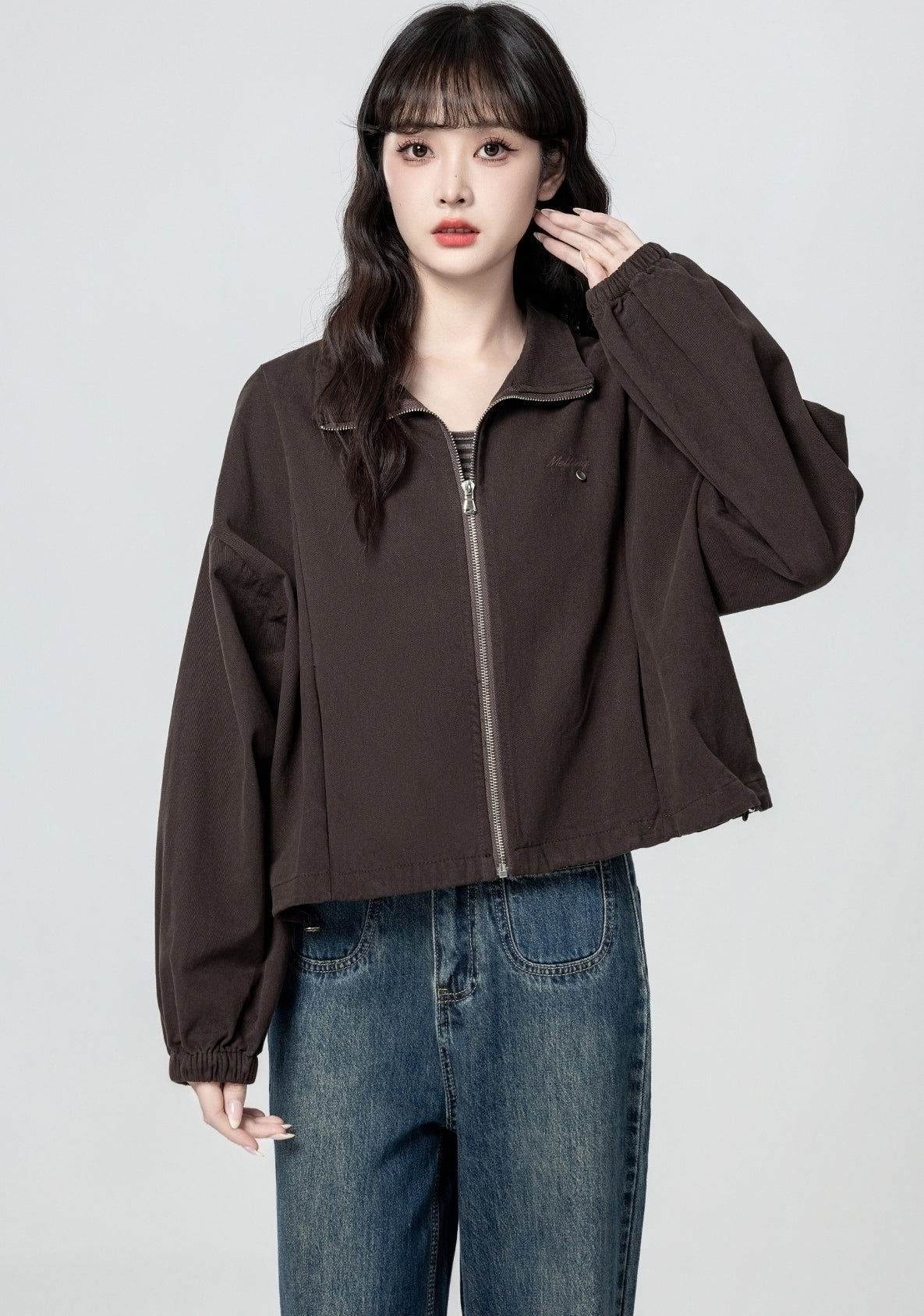 Vintage Brown Zip Up Casual Jacket