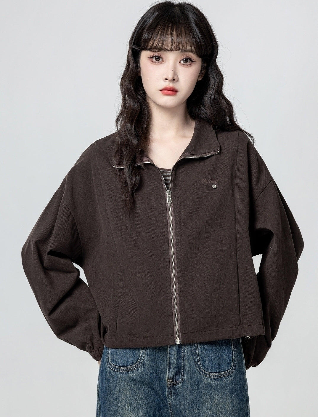Vintage Brown Zip Up Casual Jacket