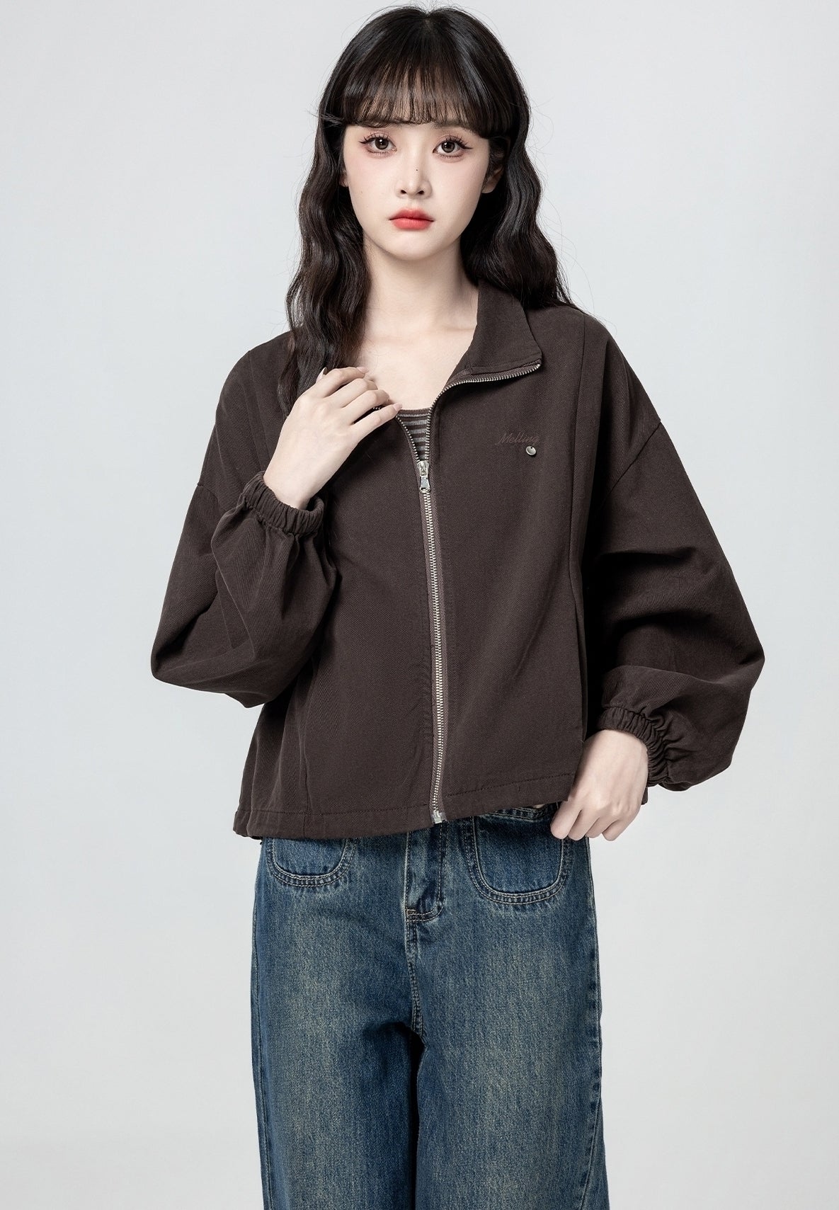 Vintage Brown Zip Up Casual Jacket