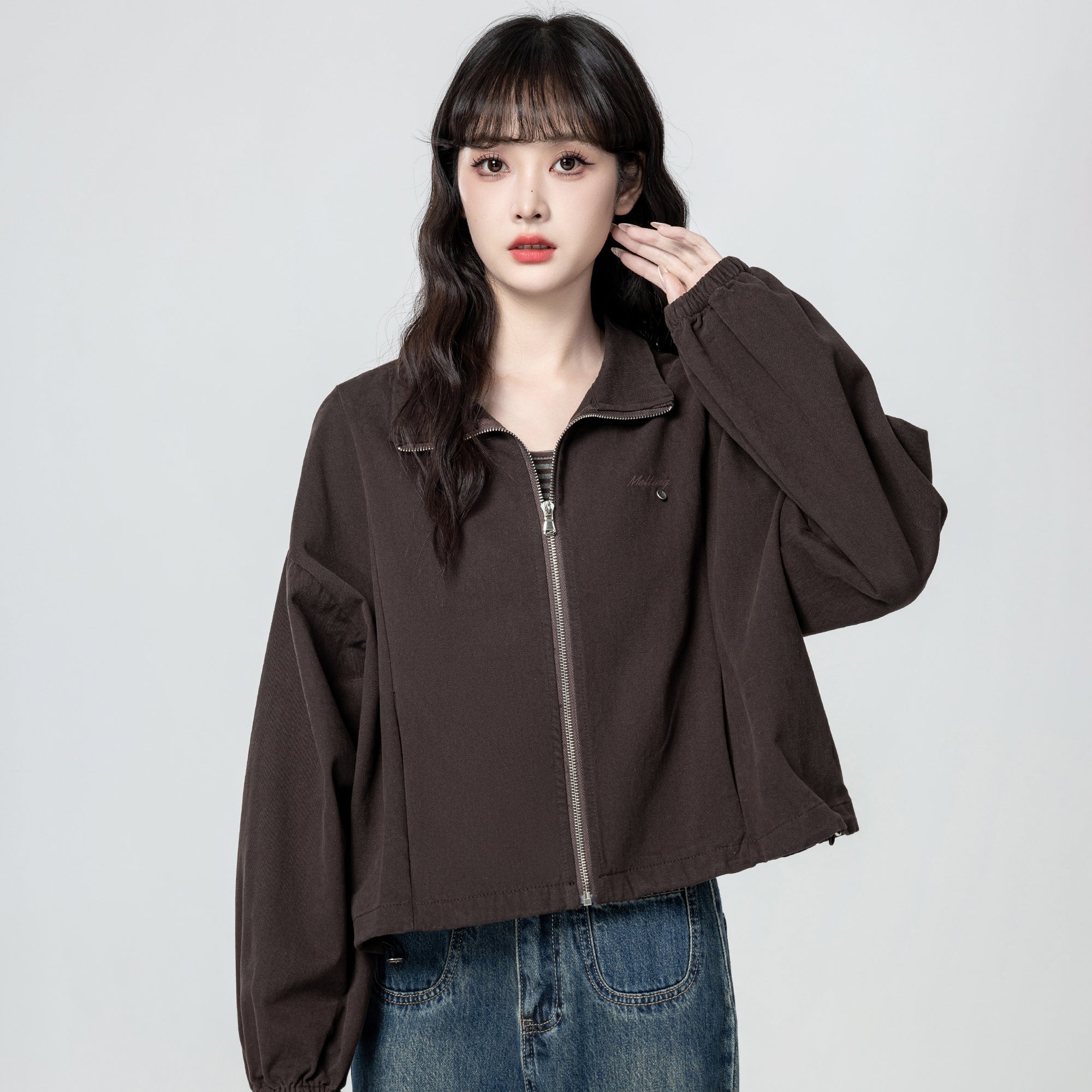 Vintage Brown Zip Up Casual Jacket