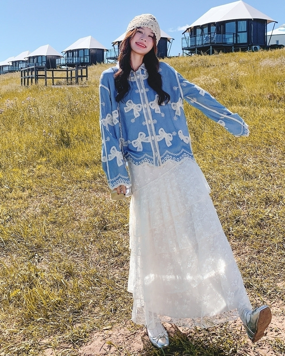 Vintage Butterfly Embroidered Shirt And Skirt Set