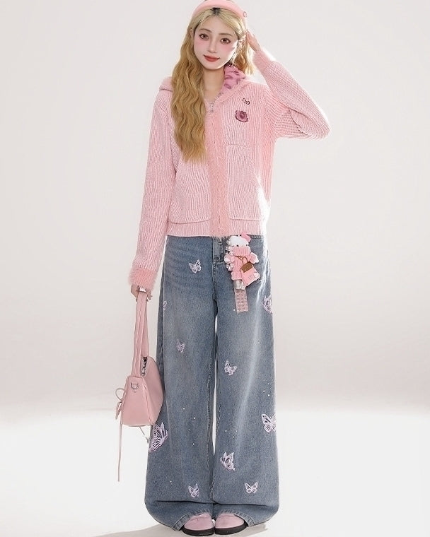 Vintage Butterfly Embroidered Wide Leg Denim Pants