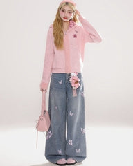 Vintage Butterfly Embroidered Wide Leg Denim Pants