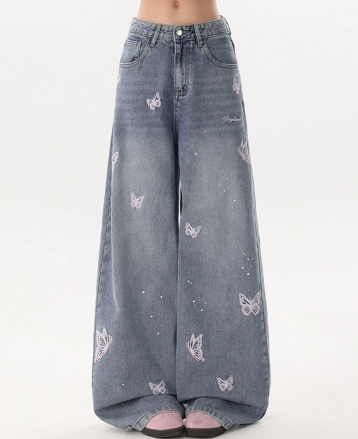 Vintage Butterfly Embroidered Wide Leg Jeans