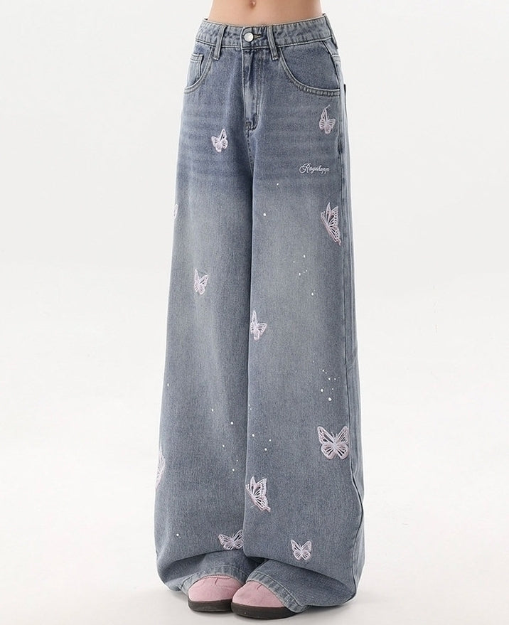 Vintage Butterfly Embroidered Wide Leg Jeans