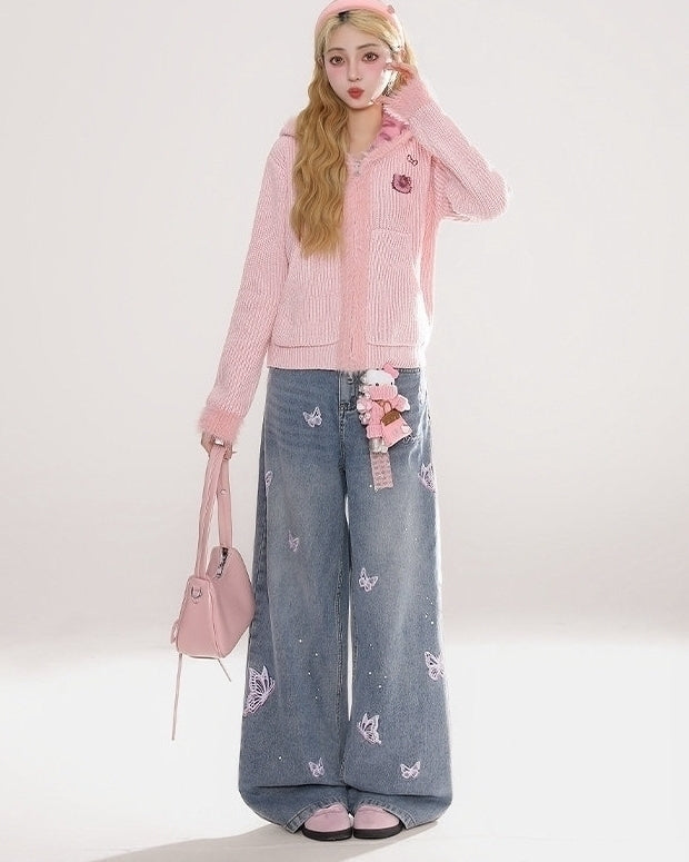 Vintage Butterfly Embroidered Wide Leg Jeans