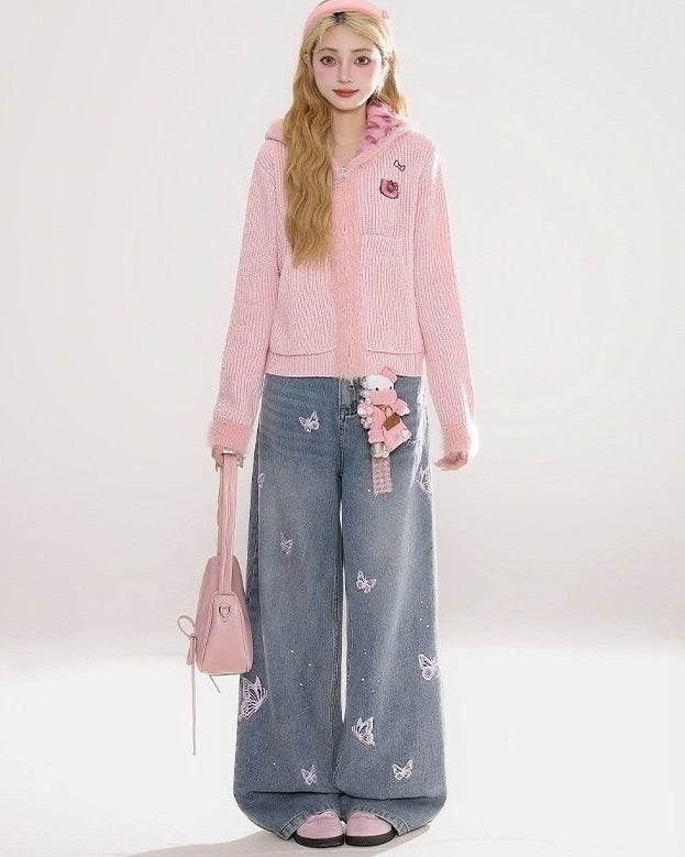 Vintage Butterfly Embroidered Wide Leg Jeans