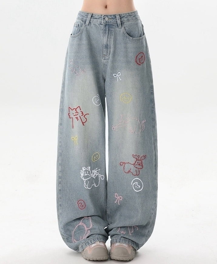 Vintage Cartoon Embroidered Wide Leg Denim Pants
