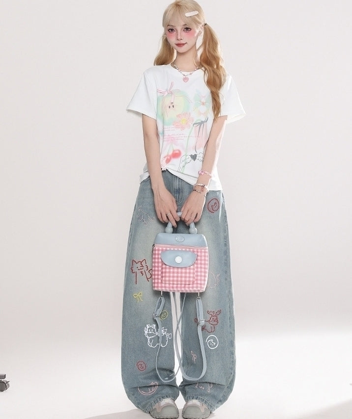 Vintage Cartoon Embroidered Wide Leg Denim Pants