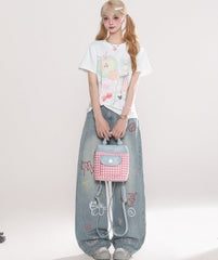Vintage Cartoon Embroidered Wide Leg Denim Pants