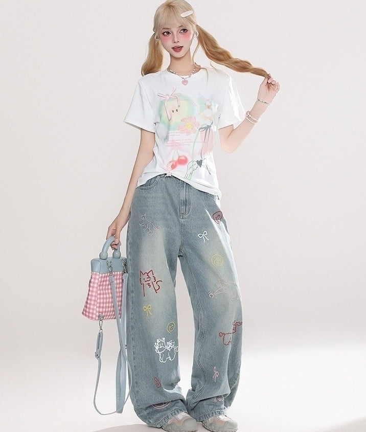 Vintage Cartoon Embroidered Wide Leg Denim Pants