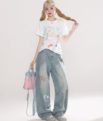 Vintage Cartoon Embroidered Wide Leg Denim Pants
