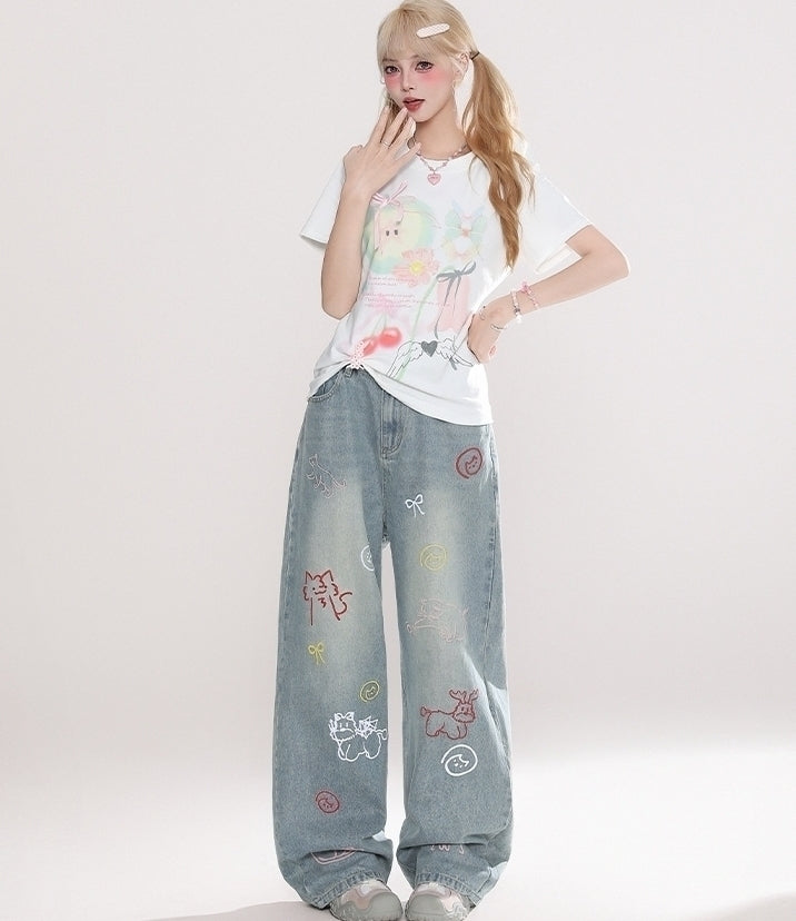 Vintage Cartoon Embroidered Wide Leg Denim Pants