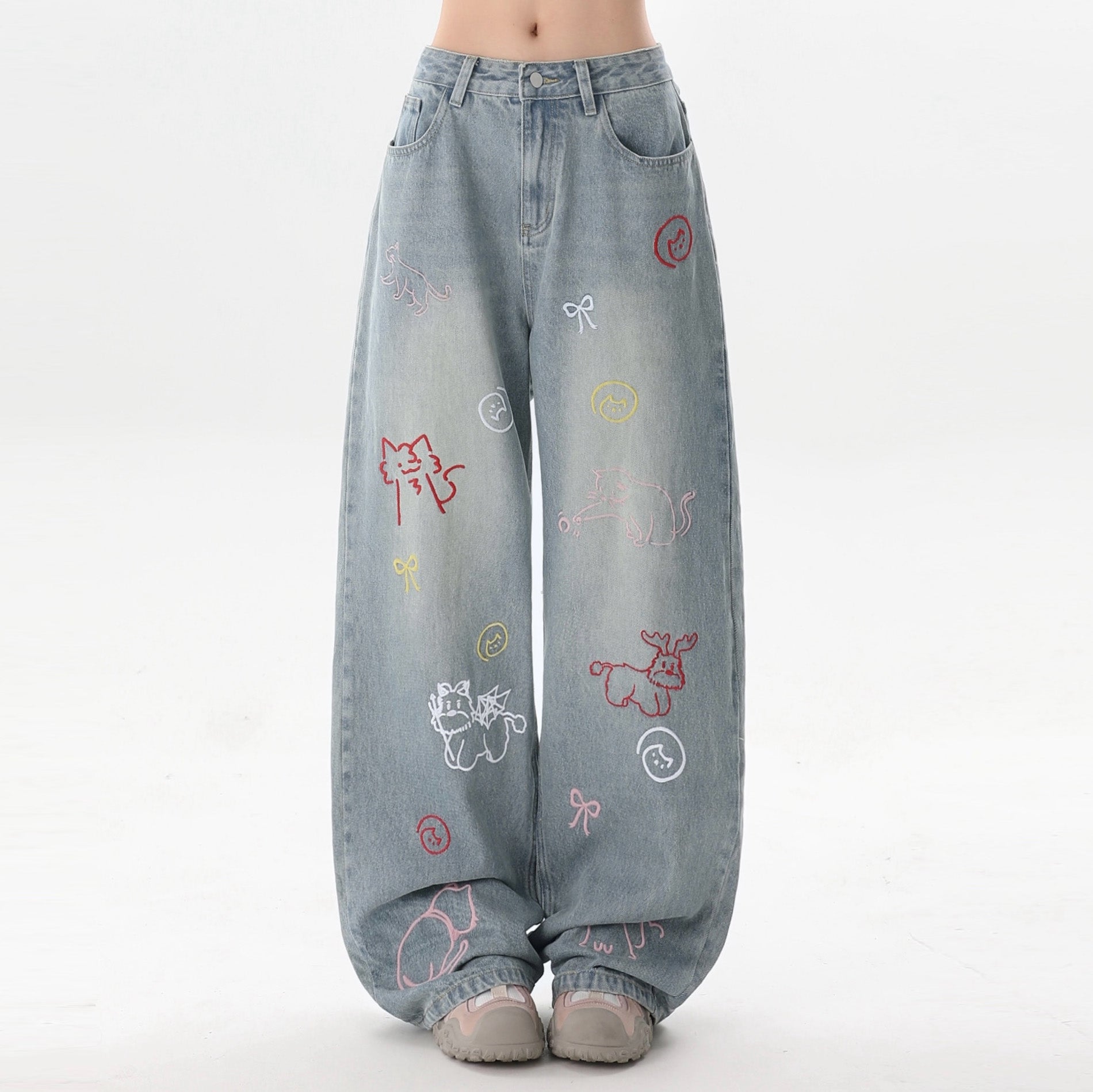 Vintage Cartoon Embroidered Wide Leg Denim Pants