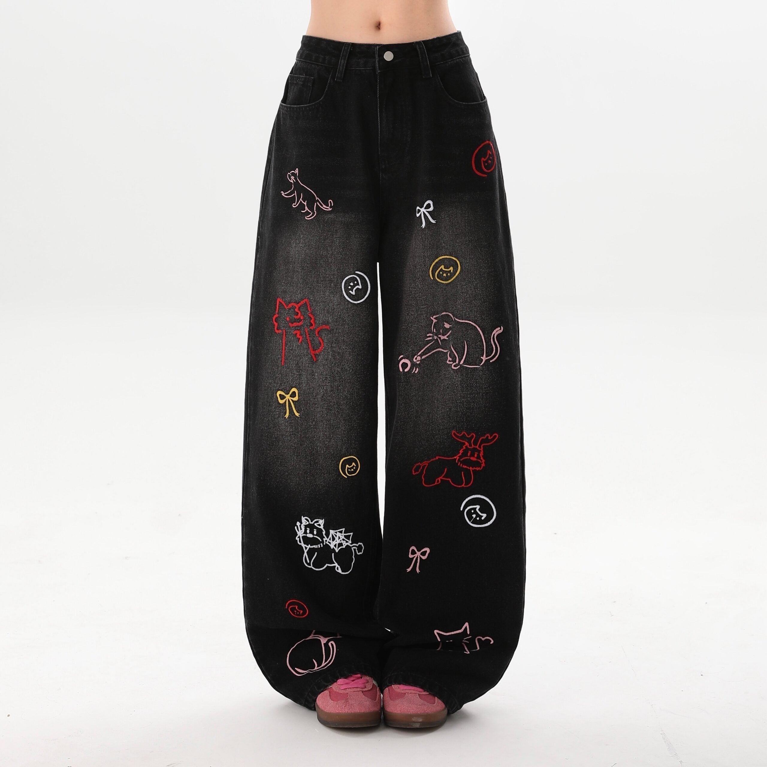 Vintage Cartoon Embroidered Wide Leg Denim Pants