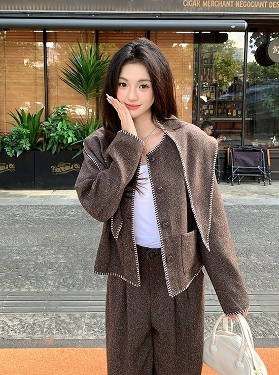 Vintage Chic Slimming Shawl Jacket Wide Leg Pants Set