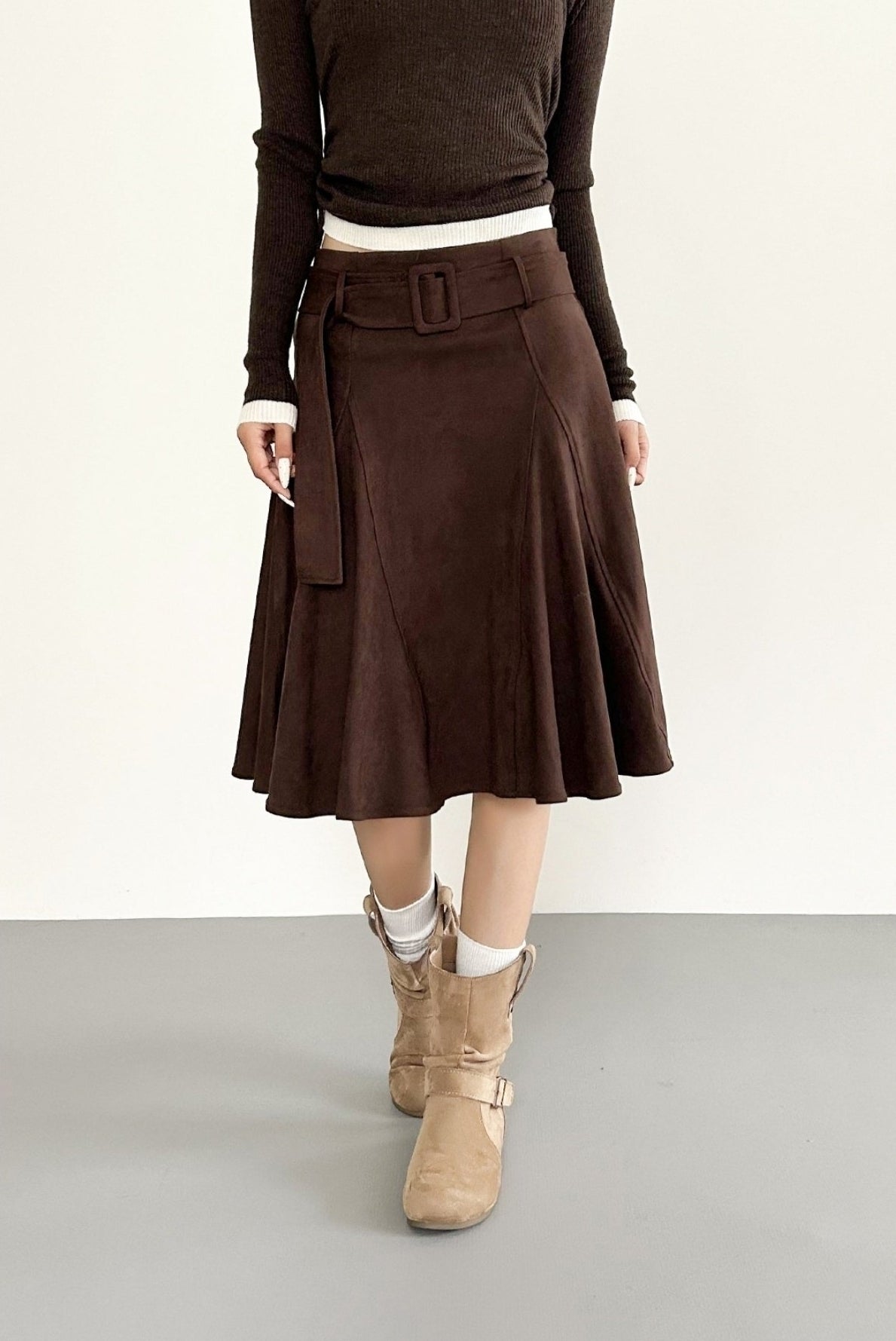 Vintage Coffee High Waist A Line Midi Skirt