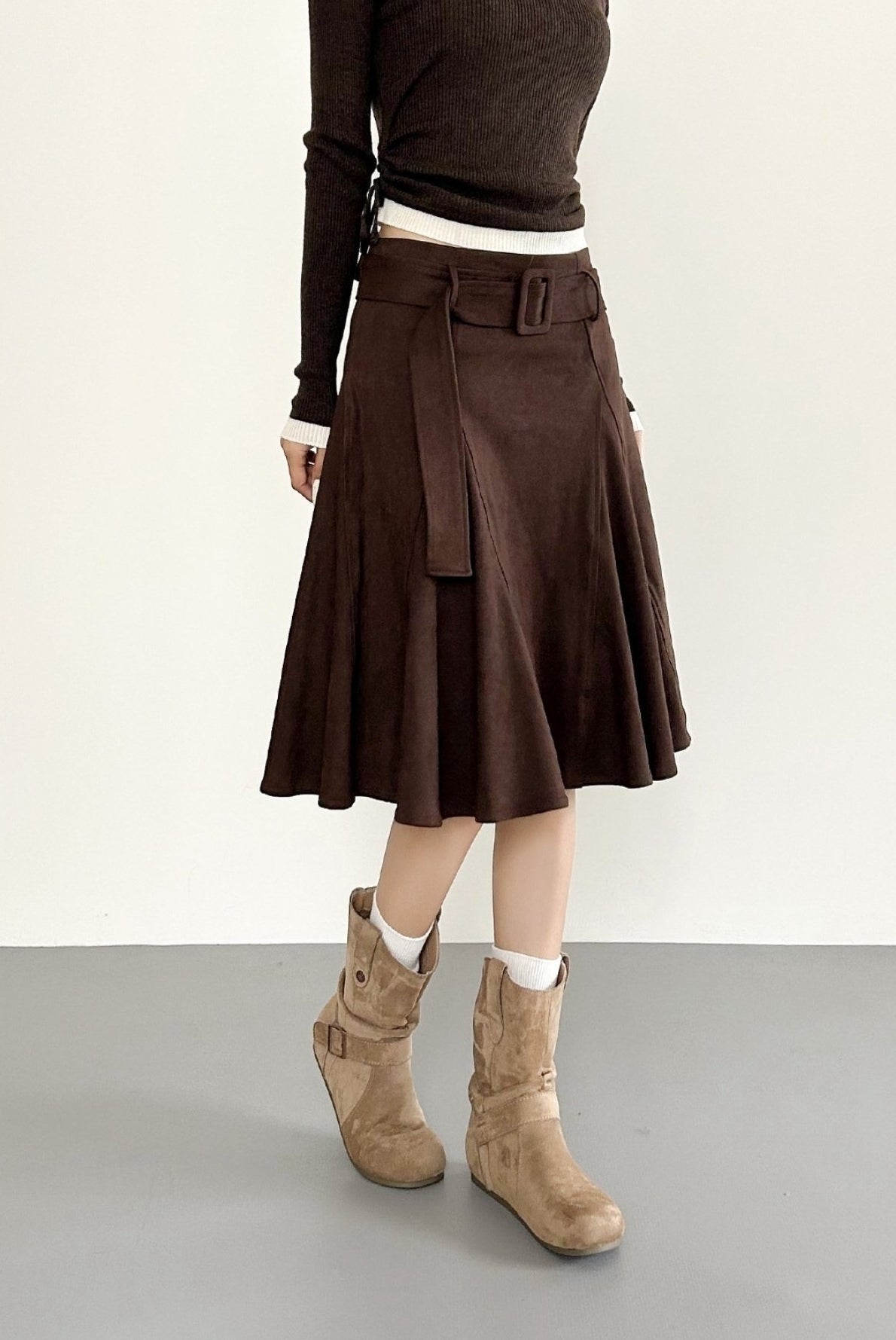 Vintage Coffee High Waist A Line Midi Skirt